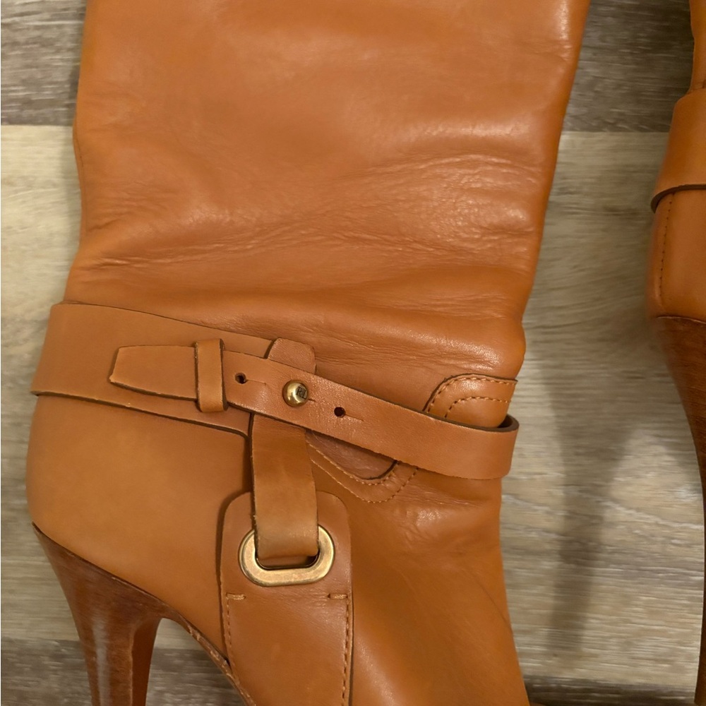 Ralph Lauren Cognac Leather High-Heel Slouch Boots - Picture 4 of 9